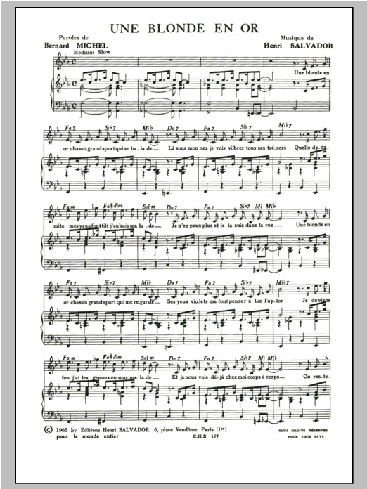 Henri Salvador Blonde En Or sheet music notes and chords arranged for Piano & Vocal