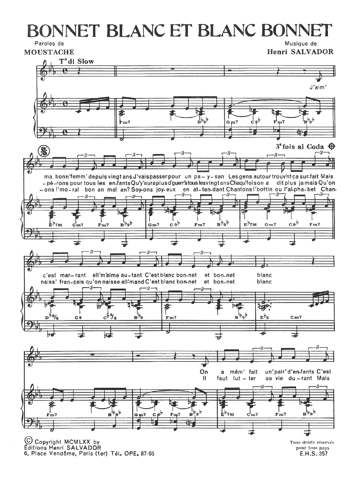 Henri Salvador Bonnet Blanc Et Blanc Bonnet sheet music notes and chords arranged for Piano & Vocal
