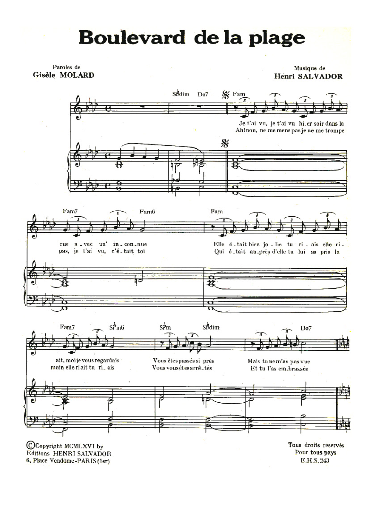 Henri Salvador Boulevard De La Plage sheet music notes and chords arranged for Piano & Vocal