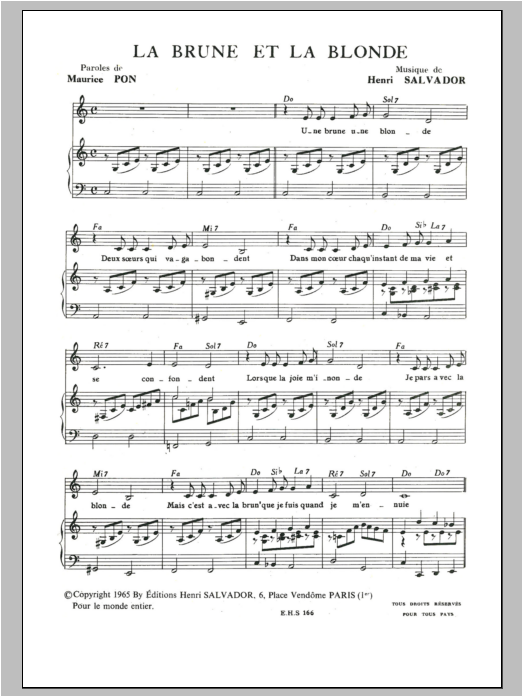 Henri Salvador Brune Et La Blonde sheet music notes and chords arranged for Piano & Vocal