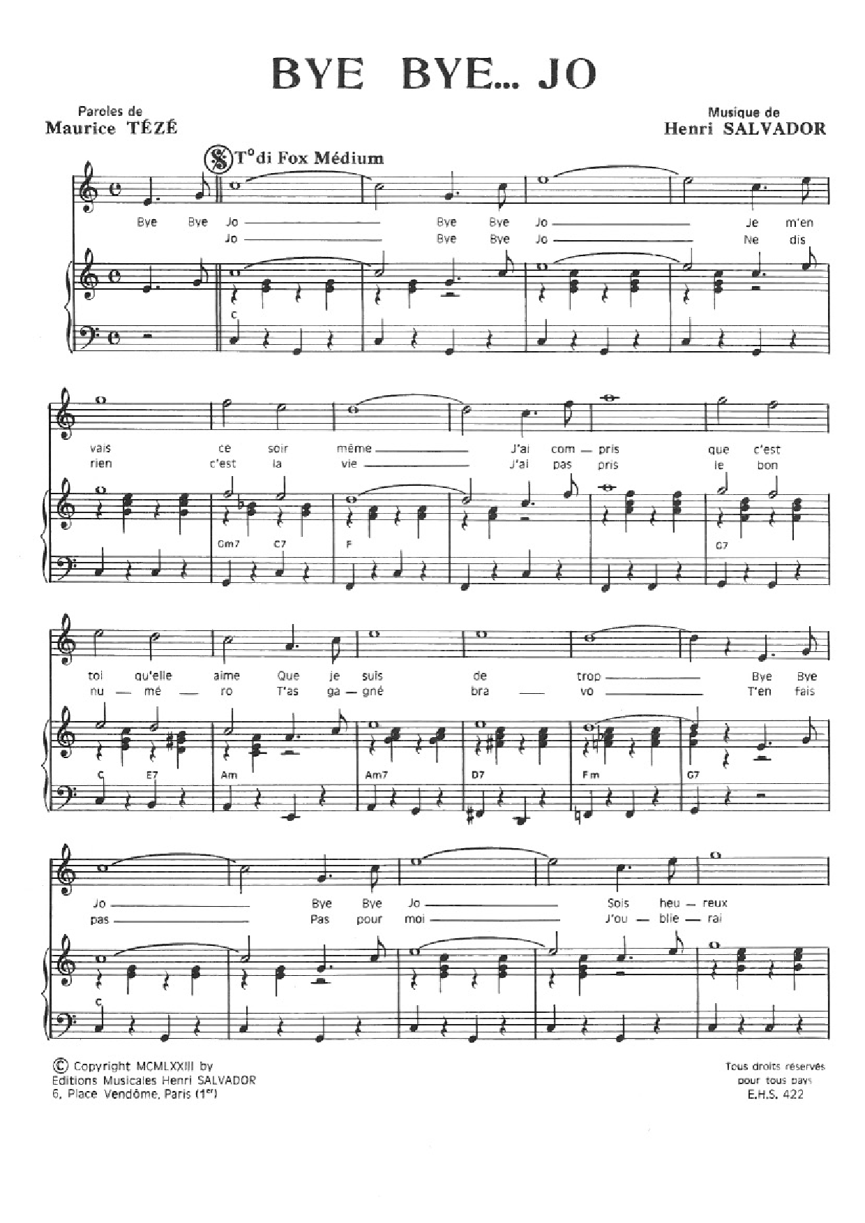 Henri Salvador Bye Bye Joe sheet music notes and chords arranged for Piano & Vocal