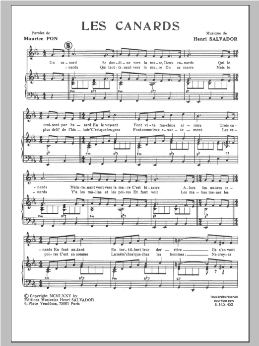 Henri Salvador Canards sheet music notes and chords arranged for Piano & Vocal