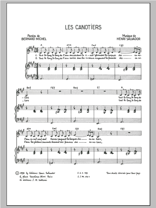 Henri Salvador Canotiers sheet music notes and chords arranged for Piano & Vocal
