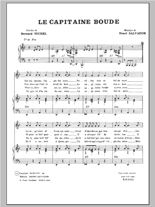 Henri Salvador Capitaine Boude sheet music notes and chords arranged for Piano & Vocal