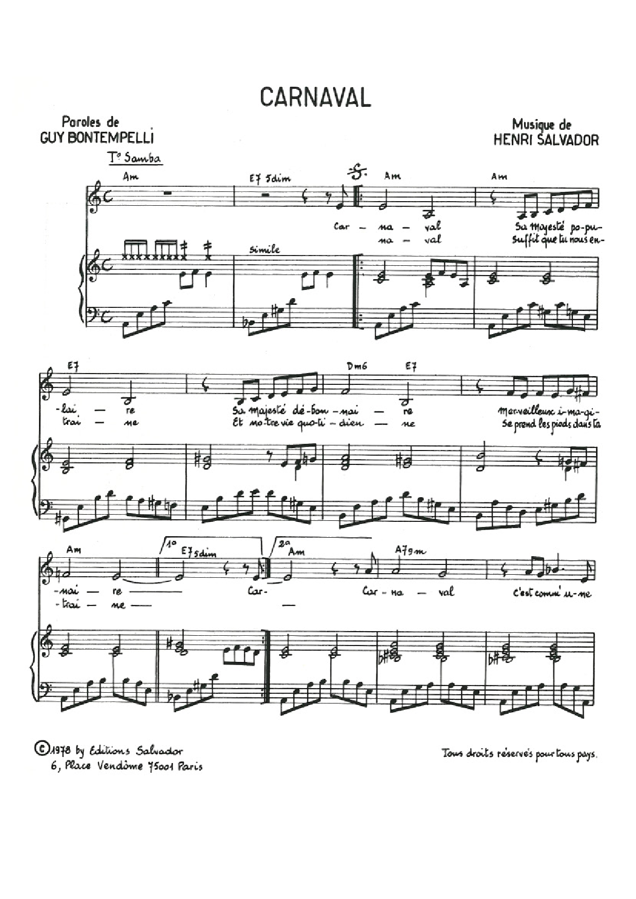 Henri Salvador Carnaval sheet music notes and chords arranged for Piano & Vocal