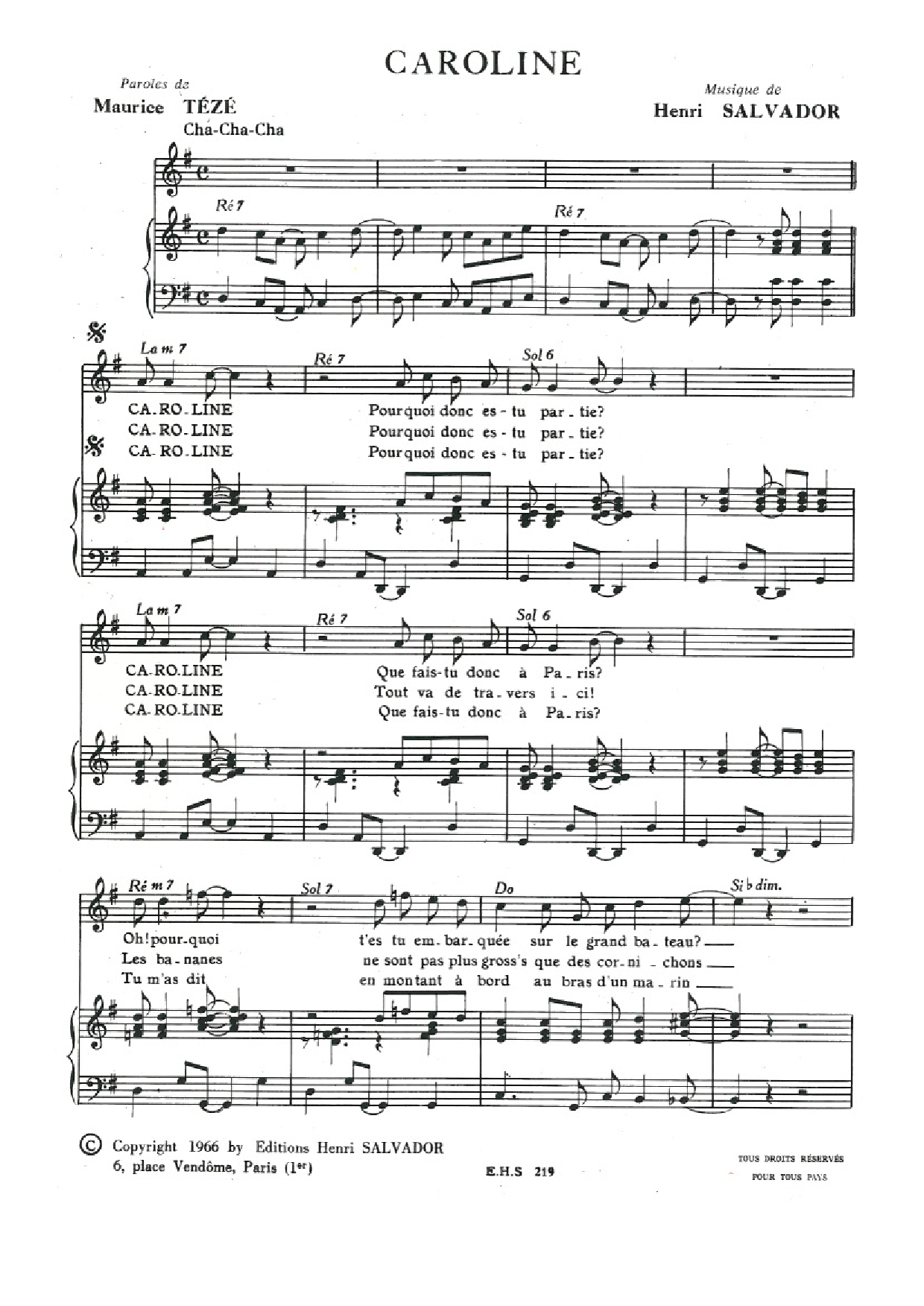 Henri Salvador Caroline sheet music notes and chords arranged for Piano & Vocal