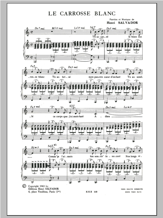 Henri Salvador Carrosse Blanc sheet music notes and chords arranged for Piano & Vocal