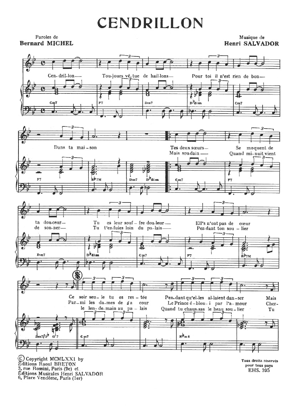 Henri Salvador Cendrillon sheet music notes and chords arranged for Piano & Vocal
