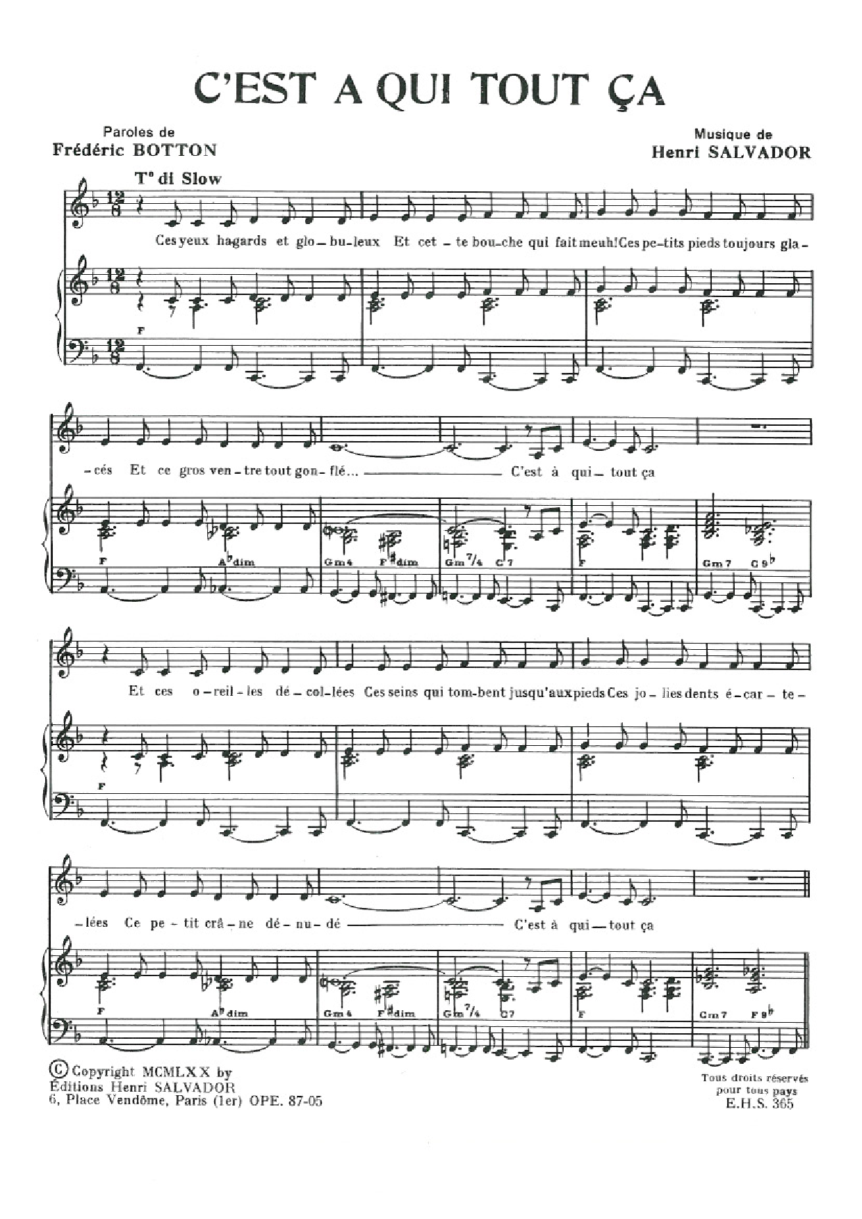 Henri Salvador C'est A Qui Tout Ca sheet music notes and chords arranged for Piano & Vocal