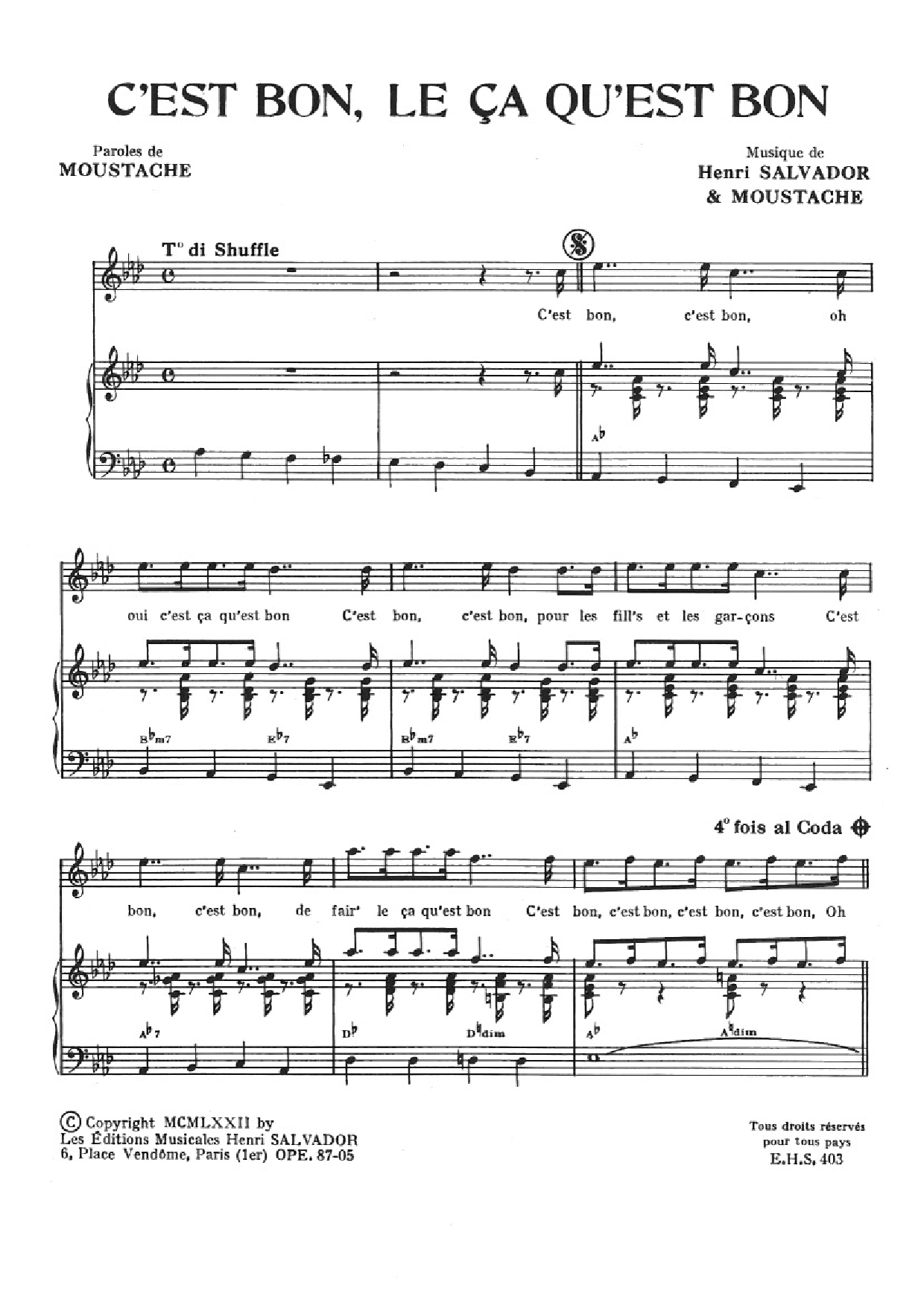 Henri Salvador C'est Bon, Le Ca Qu'est Bon sheet music notes and chords arranged for Piano & Vocal