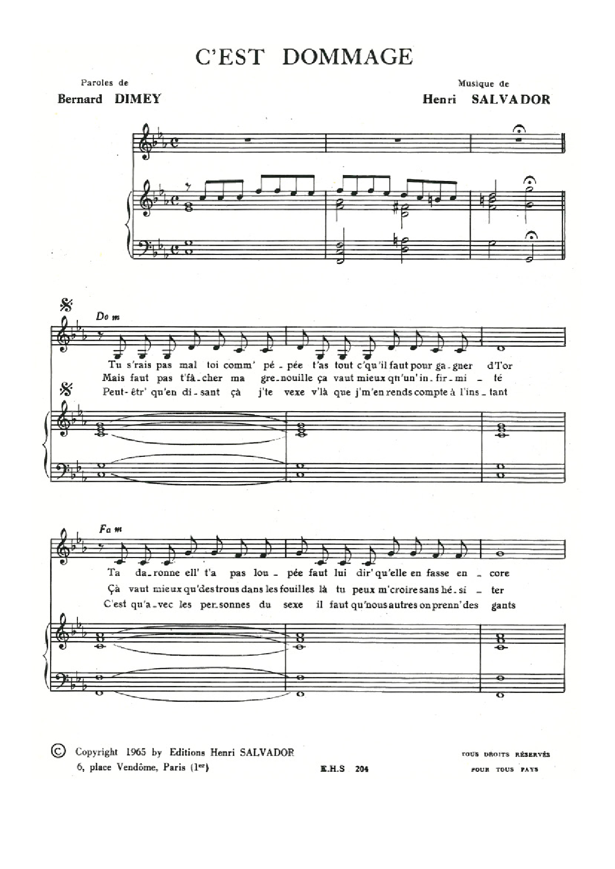 Henri Salvador C'est Dommage sheet music notes and chords arranged for Piano & Vocal
