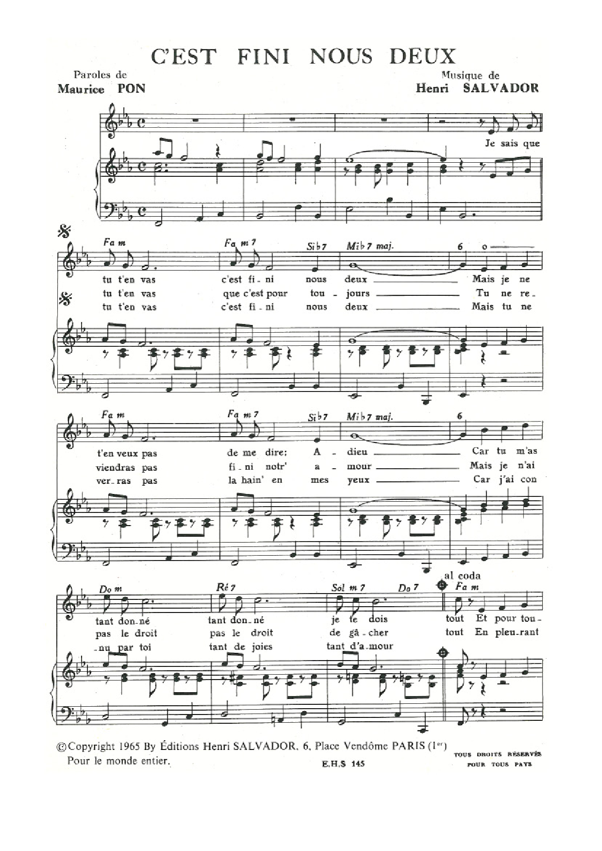 Henri Salvador C'est Fini (Pour) Nous Deux sheet music notes and chords arranged for Piano & Vocal