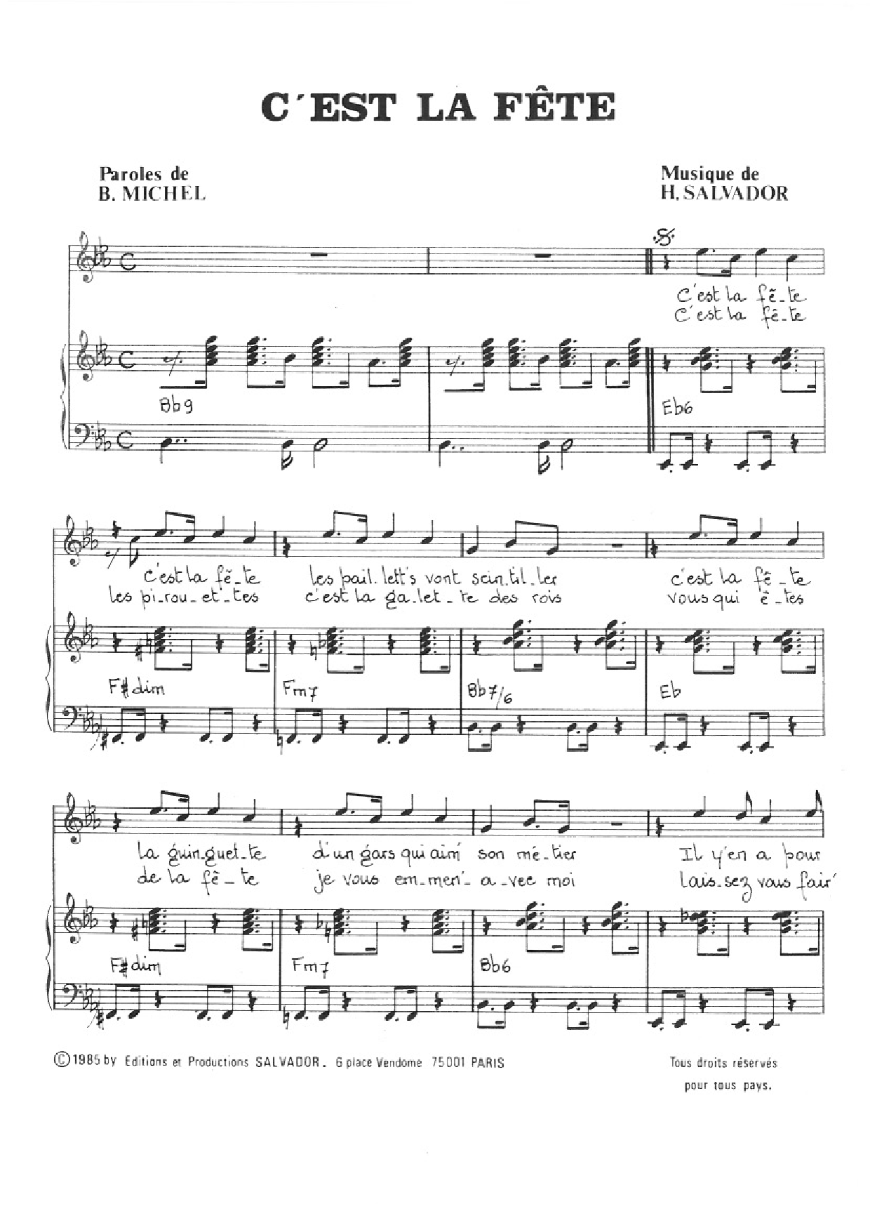 Henri Salvador C'est La Fete sheet music notes and chords arranged for Piano & Vocal