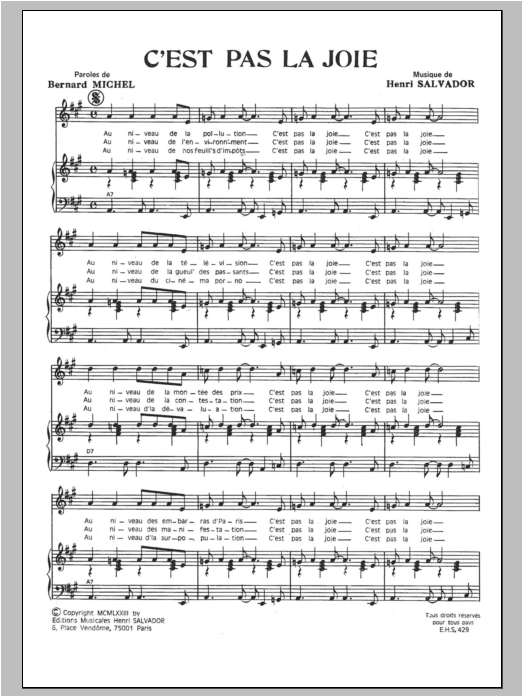 Henri Salvador C'est Pas La Joie sheet music notes and chords arranged for Piano & Vocal