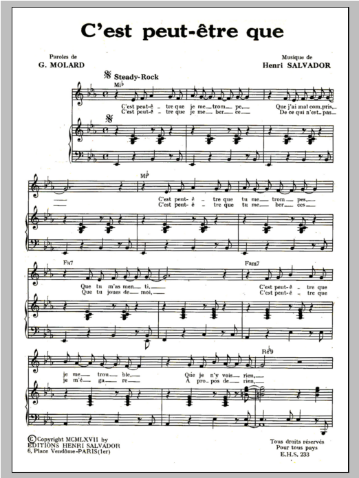Henri Salvador C'est Peut-Etre Que sheet music notes and chords arranged for Piano & Vocal