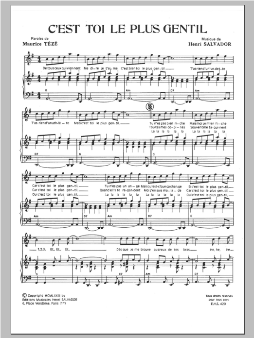 Henri Salvador C'est Toi Le Plus Gentil sheet music notes and chords arranged for Piano & Vocal