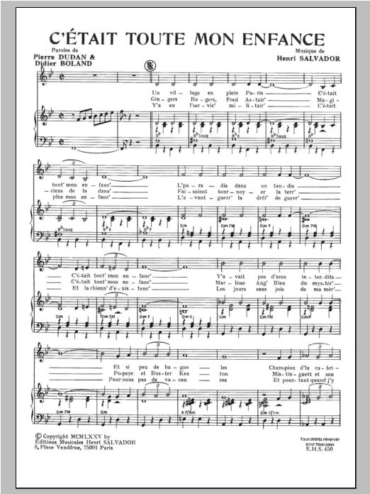 Henri Salvador C'etait Toute Mon Enfance sheet music notes and chords arranged for Piano & Vocal