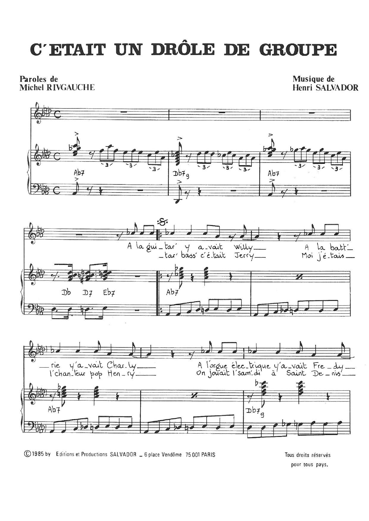 Henri Salvador C'etait Un Drole De Groupe sheet music notes and chords arranged for Piano & Vocal