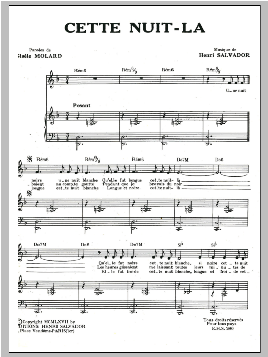 Henri Salvador Cette Nuit La sheet music notes and chords arranged for Piano & Vocal