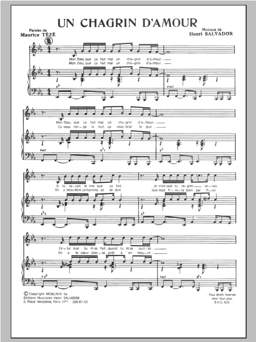 Henri Salvador Chagrin D'amour sheet music notes and chords arranged for Piano & Vocal