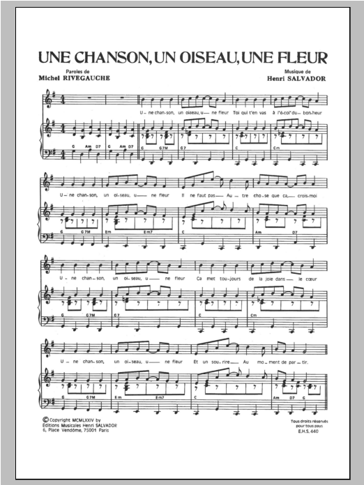 Henri Salvador Chanson Un Oiseau Une Fleur sheet music notes and chords arranged for Piano & Vocal