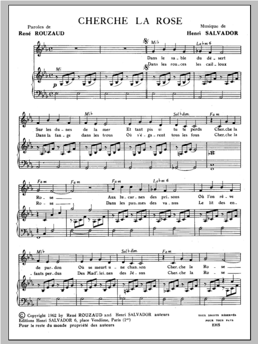 Henri Salvador Cherche La Rose sheet music notes and chords arranged for Piano & Vocal