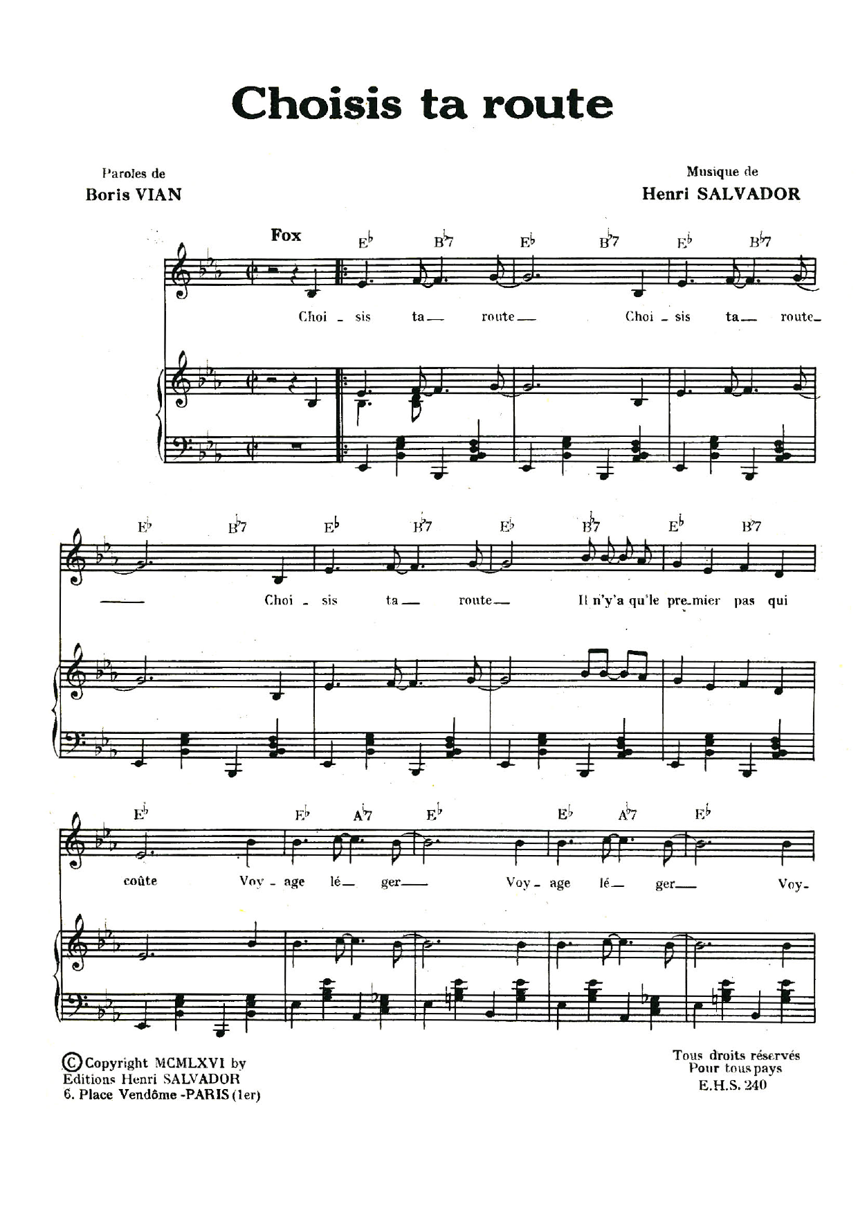 Henri Salvador Choisis Ta Route sheet music notes and chords arranged for Piano & Vocal