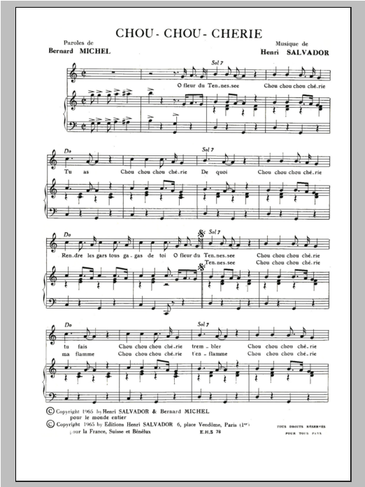 Henri Salvador Chou Chou Cherie sheet music notes and chords arranged for Piano & Vocal