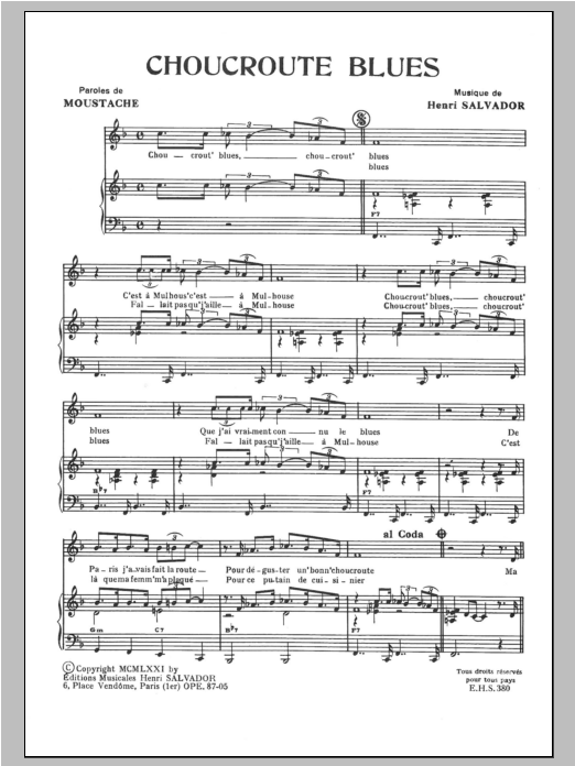 Henri Salvador Choucroute Blues sheet music notes and chords arranged for Piano & Vocal