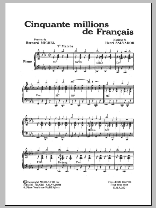 Henri Salvador Cinquante Millions De Francais sheet music notes and chords arranged for Piano & Vocal