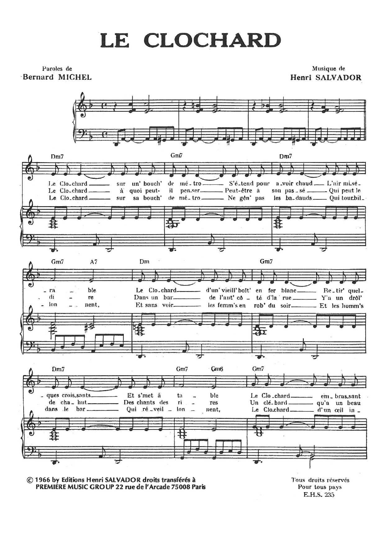 Henri Salvador Clochard sheet music notes and chords arranged for Piano & Vocal
