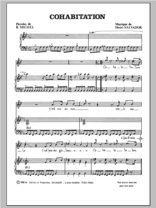 Henri Salvador Cohabitation sheet music notes and chords arranged for Piano & Vocal