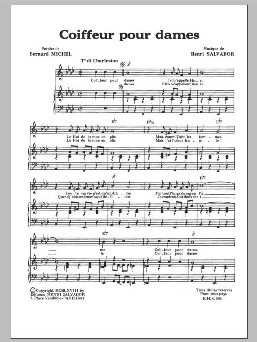 Henri Salvador Coiffeur Pour Dames sheet music notes and chords arranged for Piano & Vocal