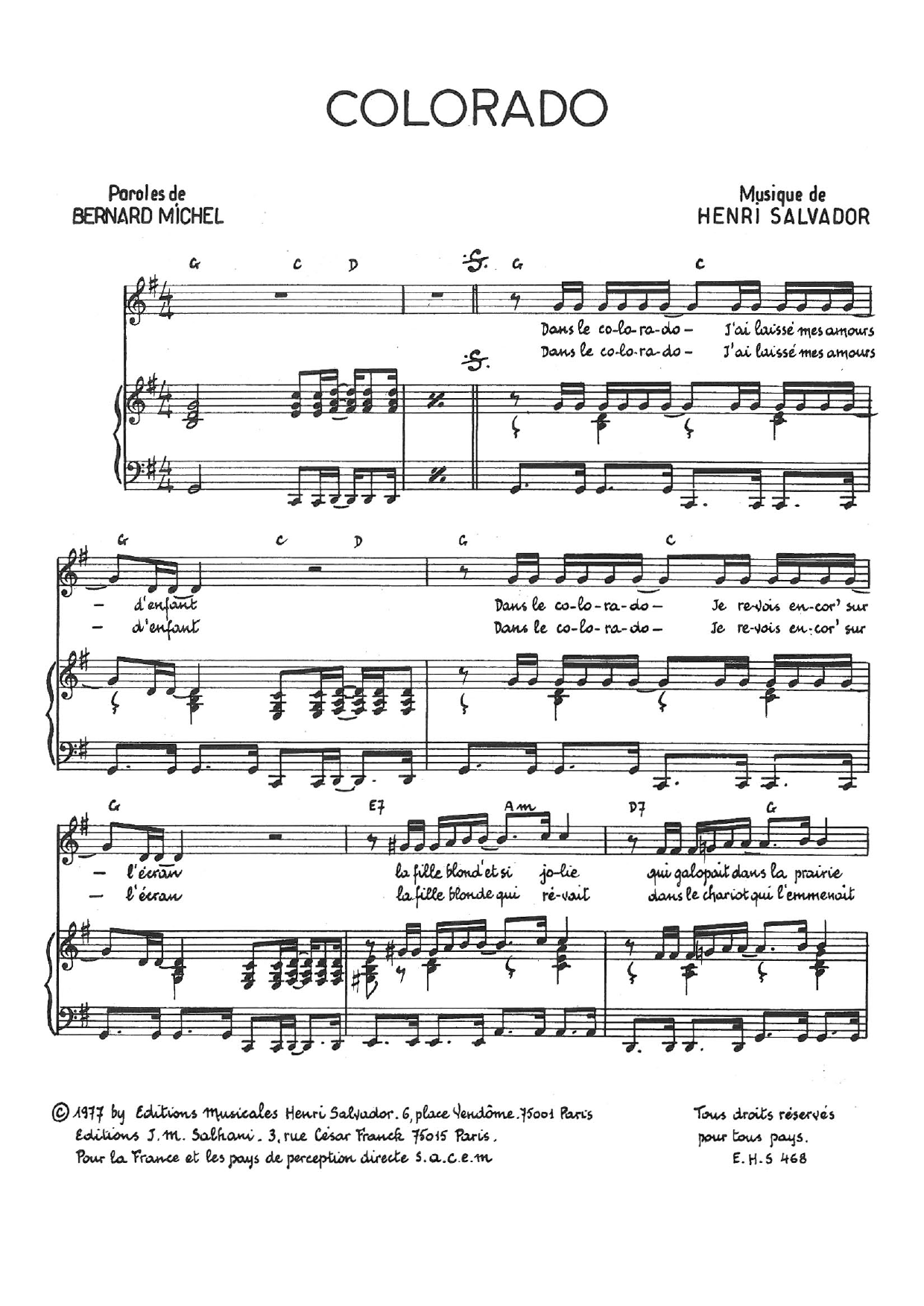 Henri Salvador Colorado sheet music notes and chords arranged for Piano & Vocal