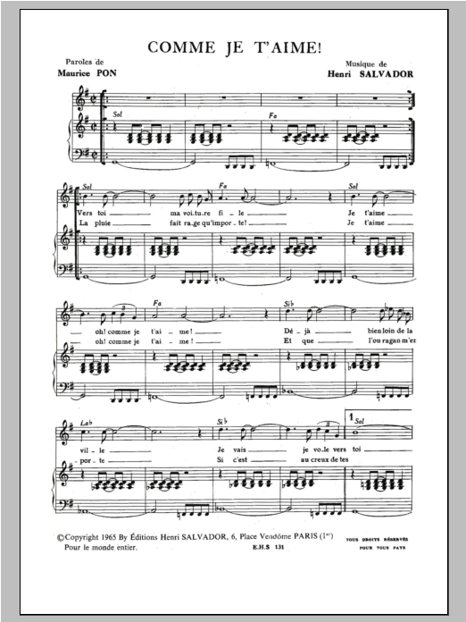 Henri Salvador Comme Je T'aime sheet music notes and chords arranged for Piano & Vocal
