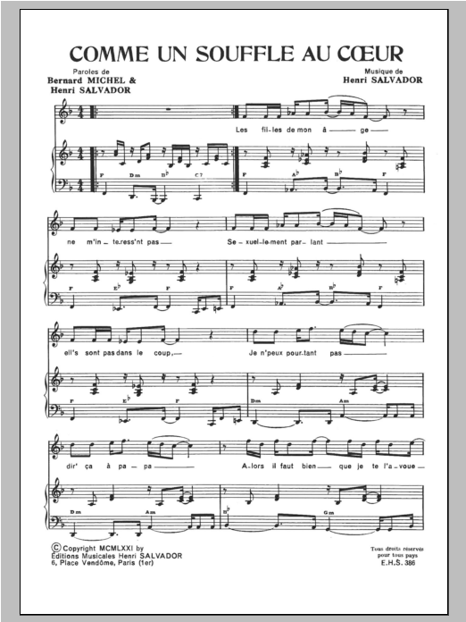 Henri Salvador Comme Un Souffle Au Coeur sheet music notes and chords arranged for Piano & Vocal