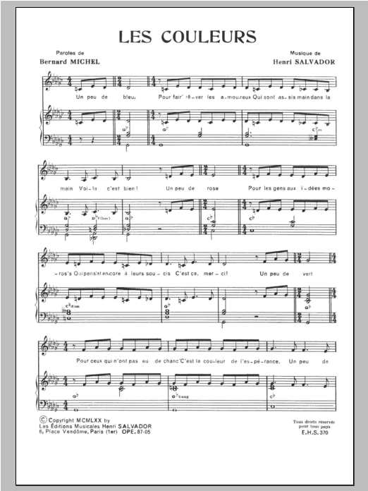 Henri Salvador Couleurs sheet music notes and chords arranged for Piano & Vocal