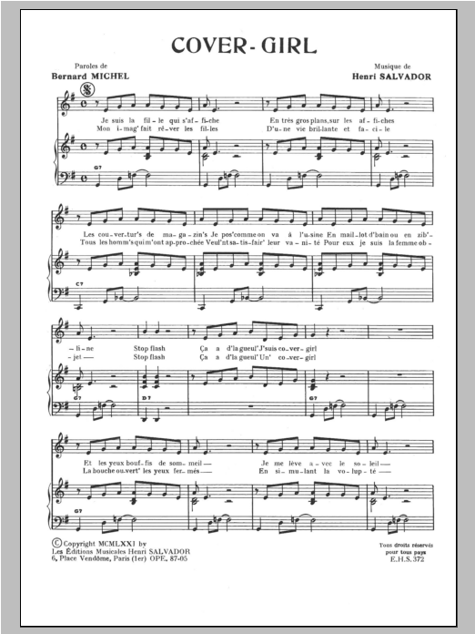 Henri Salvador Cover Girl sheet music notes and chords arranged for Piano & Vocal