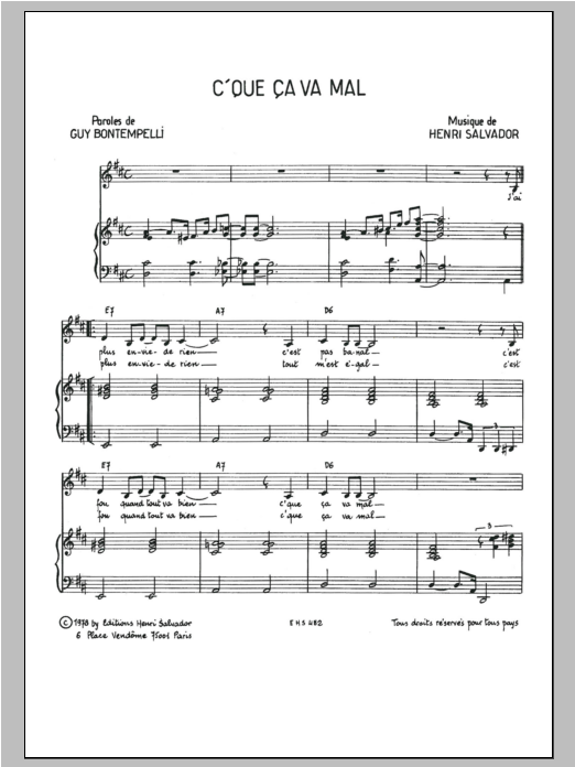 Henri Salvador C'que Ca Va Mal sheet music notes and chords arranged for Piano & Vocal