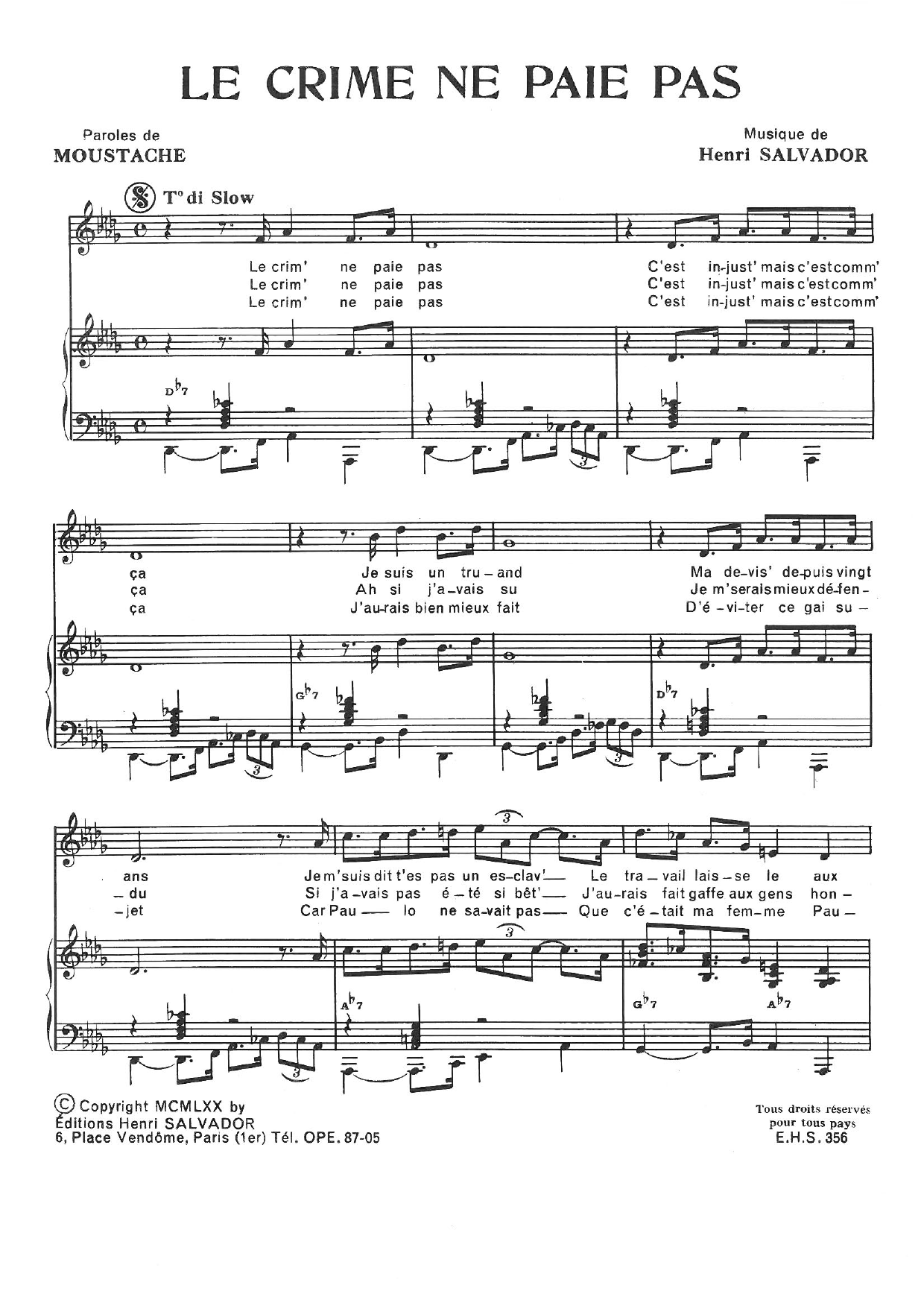 Henri Salvador Crime Ne Paie Pas sheet music notes and chords arranged for Piano & Vocal