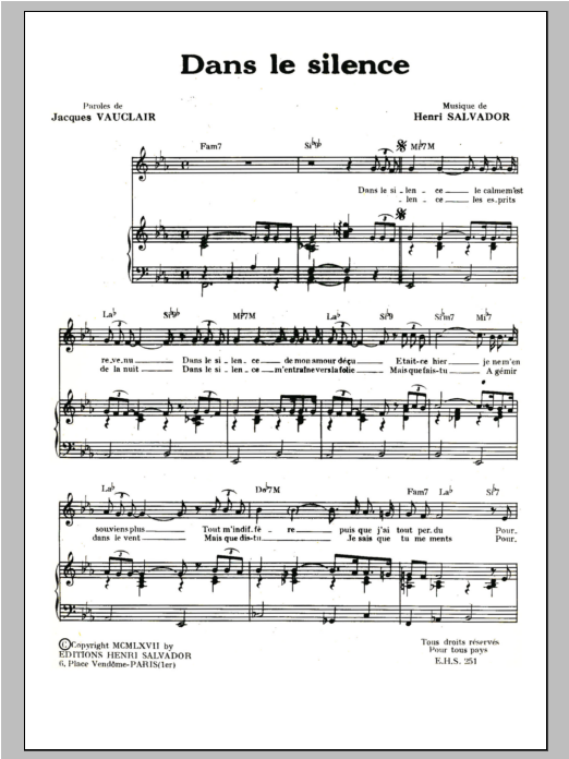 Henri Salvador Dans Le Silence sheet music notes and chords arranged for Piano & Vocal