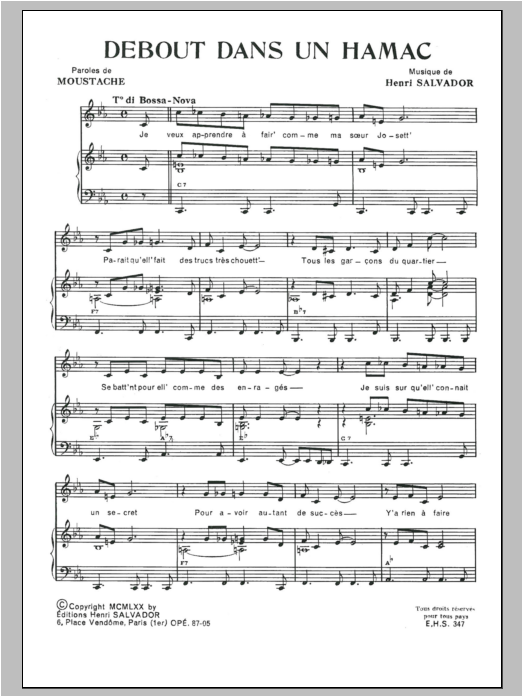 Henri Salvador Debout Dans Un Hamac sheet music notes and chords arranged for Piano & Vocal