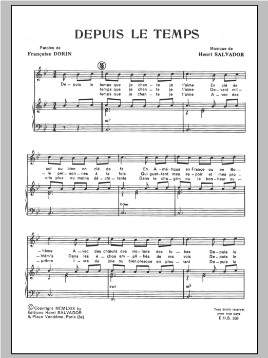 Henri Salvador Depuis Le Temps sheet music notes and chords arranged for Piano & Vocal