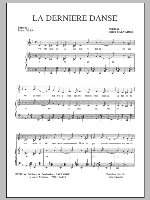 Henri Salvador Derniere Danse sheet music notes and chords arranged for Piano & Vocal