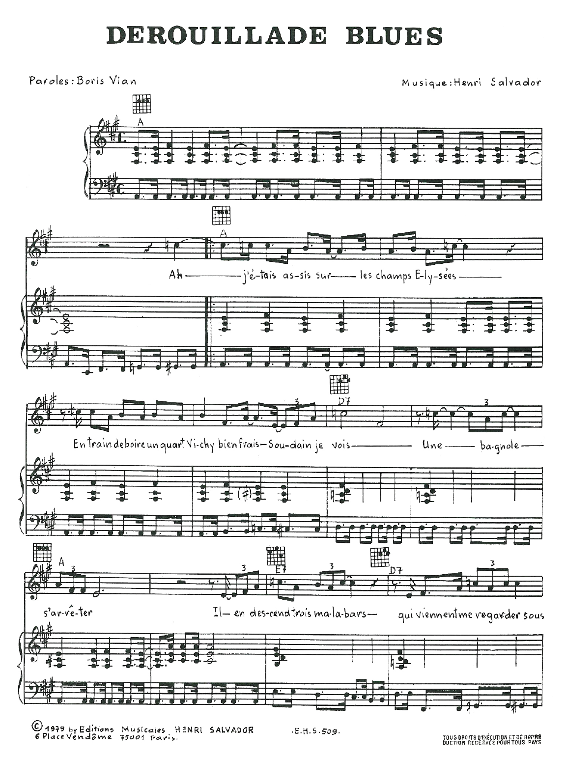 Henri Salvador Derouillade Blues sheet music notes and chords arranged for Piano, Vocal & Guitar Chords