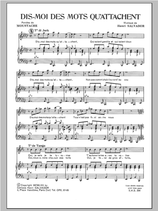 Henri Salvador Dis Moi Des Mots Qui Attachent sheet music notes and chords arranged for Piano & Vocal