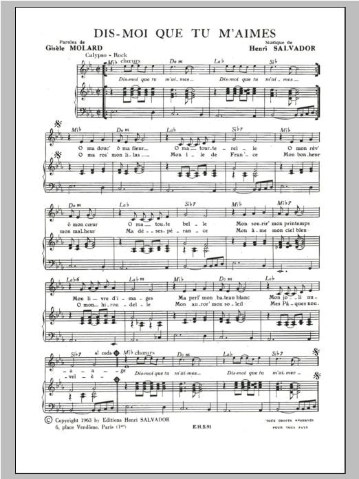 Henri Salvador Dis Moi Que Tu M'aimes sheet music notes and chords arranged for Piano & Vocal