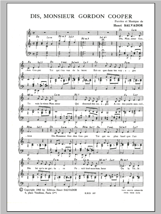 Henri Salvador Dis Monsieur Gordon Cooper sheet music notes and chords arranged for Piano & Vocal