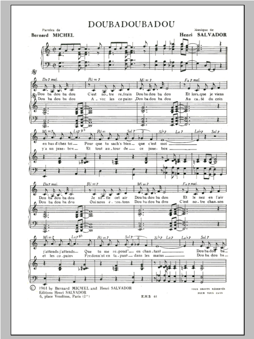 Henri Salvador Doubadoubadou sheet music notes and chords arranged for Piano & Vocal
