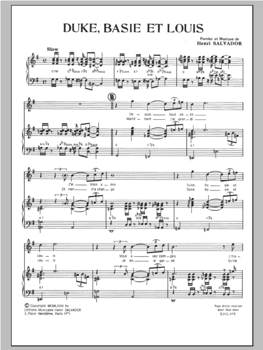 Henri Salvador Duke Basie Et Louis sheet music notes and chords arranged for Piano & Vocal